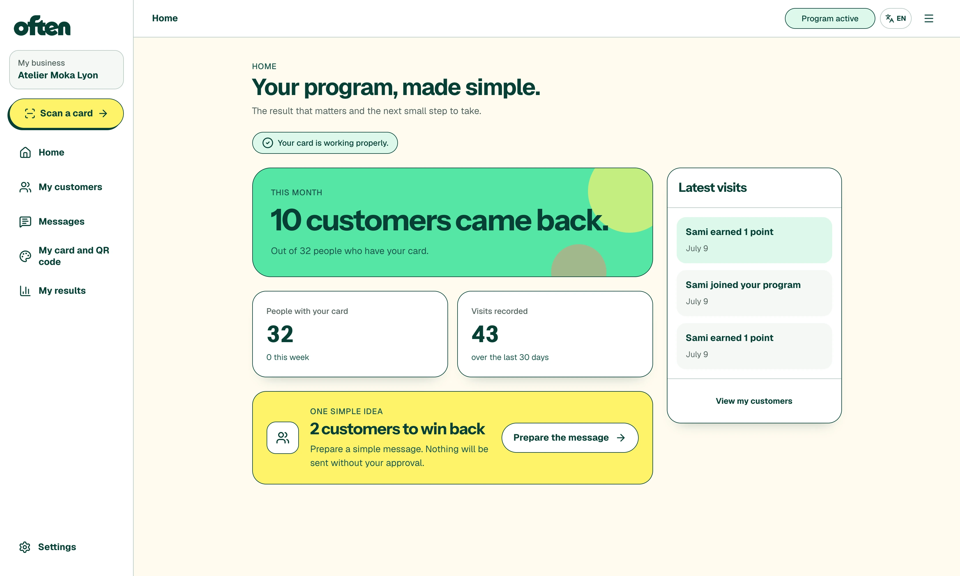 Real Often dashboard with returning customers, installed cards and recorded visits