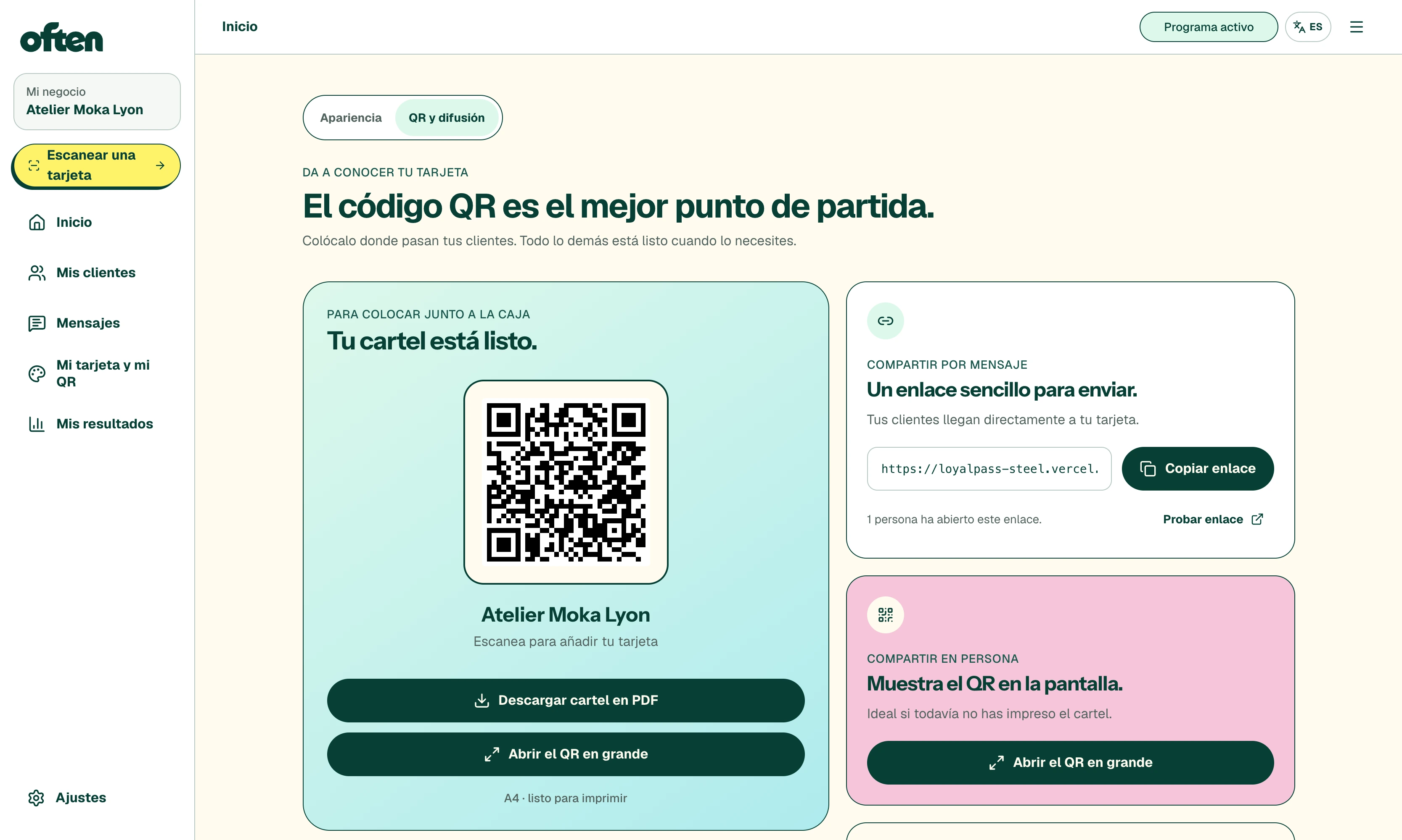 Recorrido Often con código QR y tarjeta añadida desde el móvil