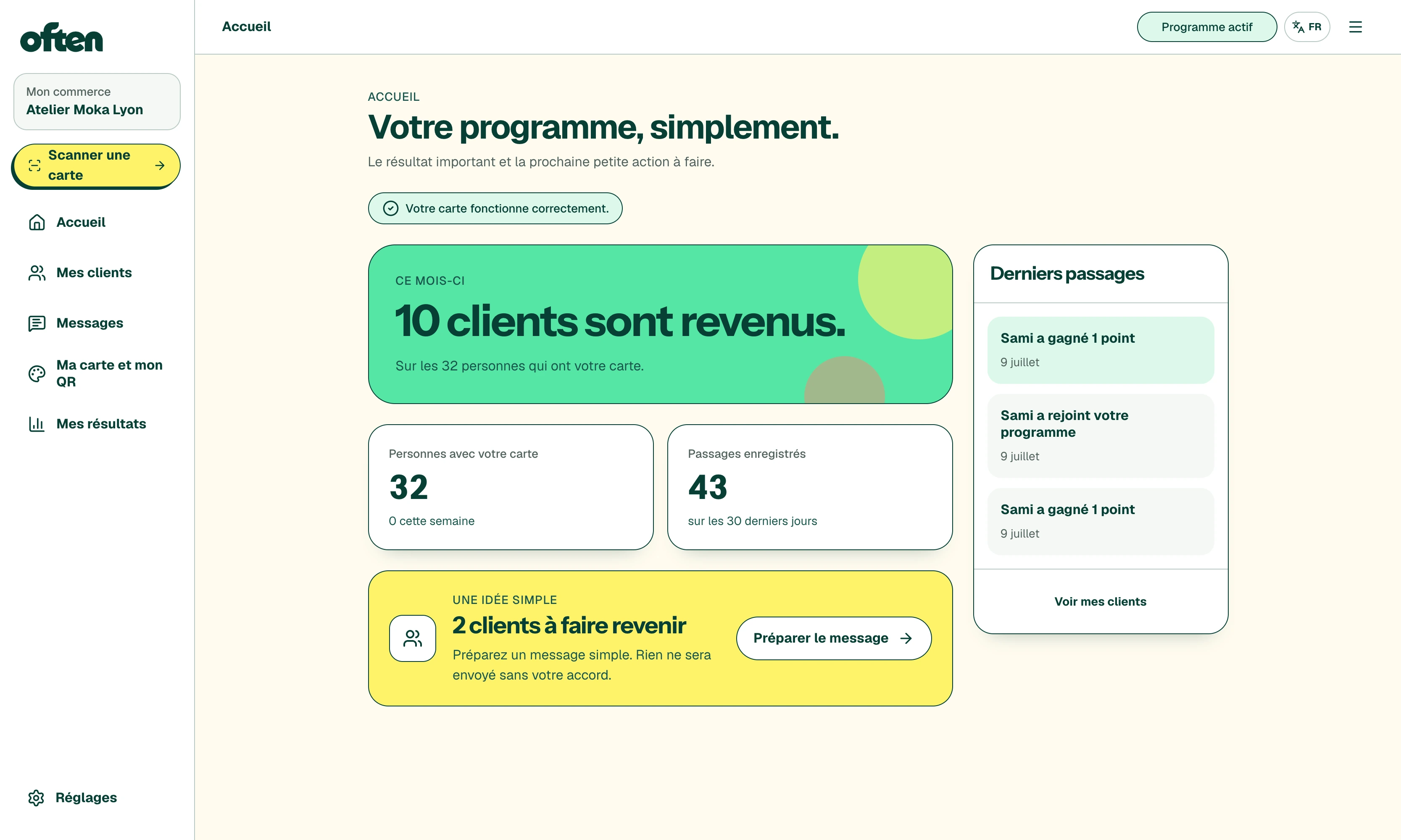 Tableau de bord Often réel avec clients revenus, cartes installées et passages enregistrés
