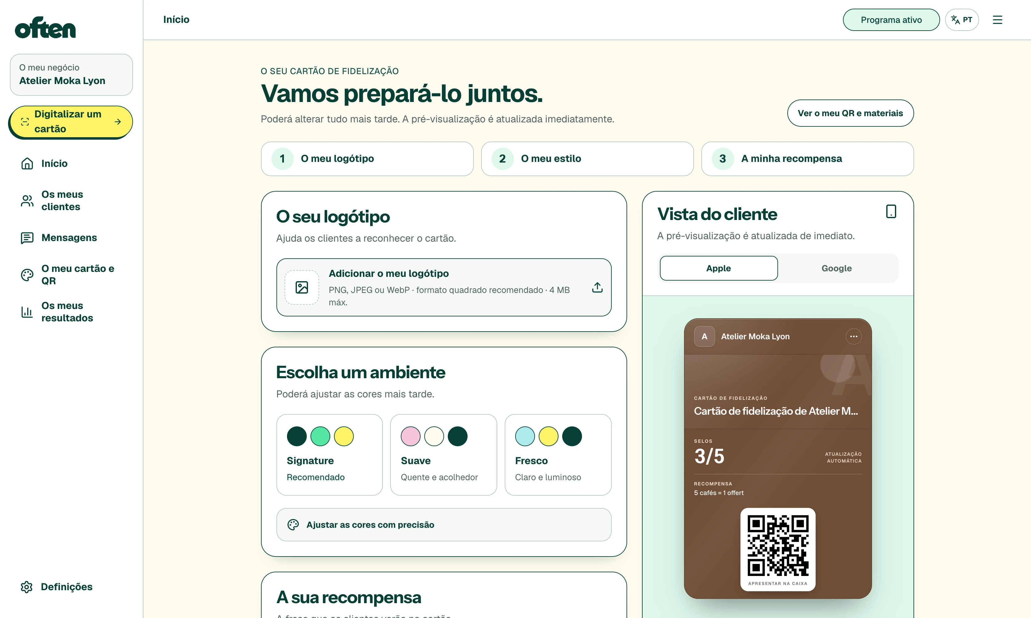 Estúdio de cartões Often com pré-visualização Wallet e paleta de cores
