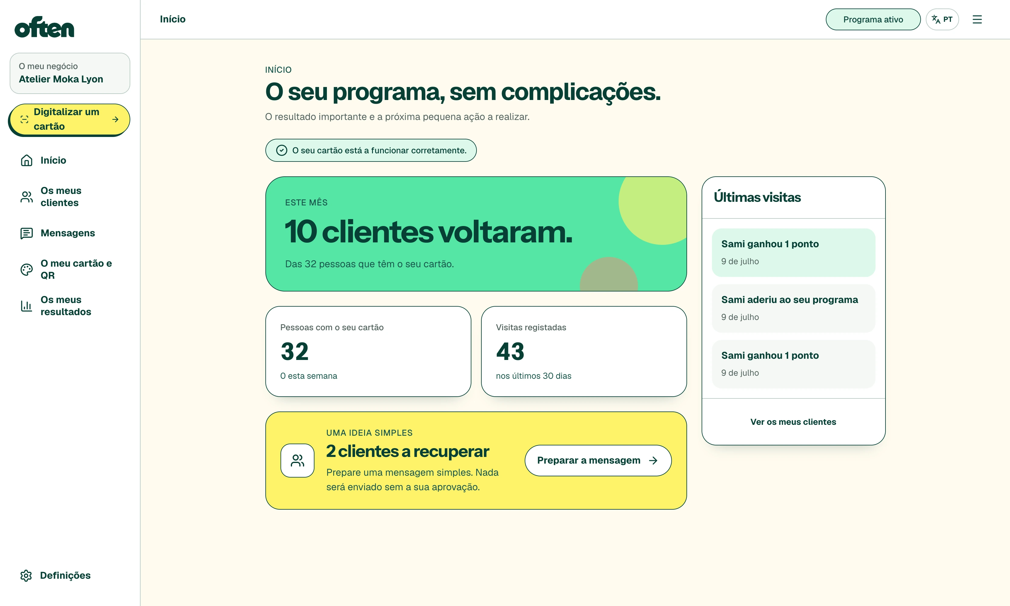 Painel real da Often com clientes recorrentes, cartões instalados e visitas registadas